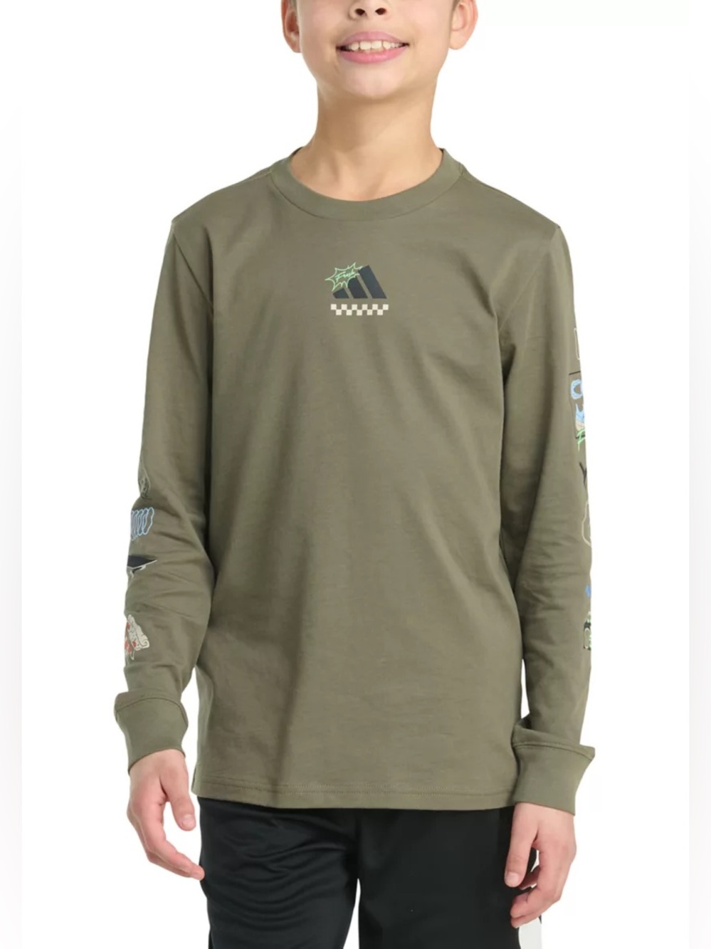 Kids Adidas Play Your Way Long-Sleeve Graphic Tee - Olive size 14/16 NWT